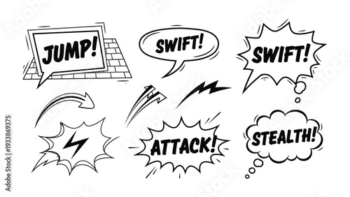 Comic Action Bubbles: This image showcases a collection of dynamic action bubbles with bold text effects, perfect for comics or graphic resources. Featuring words like 'Jump!', 'Swift!', 'Attack!' 