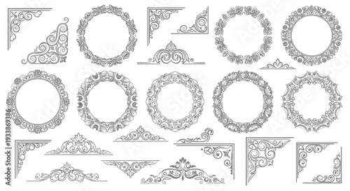 Collection of vintage ornamental frames and corner accents in a detailed black and white vector illustration style, perfect for decorative design elements