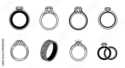 Collection of Various Diamond Ring Icons in Black and White, Featuring Solitaire, Band, and Engagement Ring Designs for Jewelry and Fashion Concepts