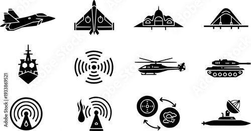 Stealth Fighter Jets And Military Defense Icons Including Tanks Helicopters Radar Systems And Tactical Communication.