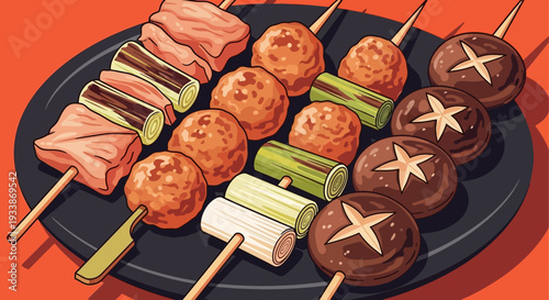 Japanese Yakitori Skewers: Meat, Mushrooms, and Vegetables