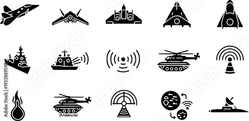 Stealth Fighter Jets And Military Defense Icons Including Tanks Helicopters Radar Systems And Tactical Communication.