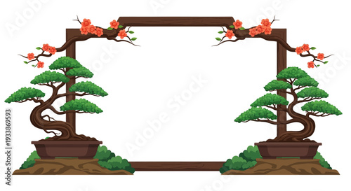 Pixel Art Bonsai Tree Frame with Blossoms