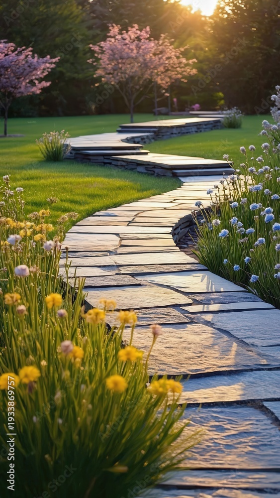 Obraz premium Curved garden pathway through blooming flowers