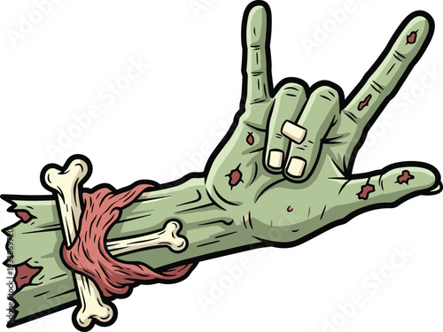 Zombie Hand with Exposed Bones and Wounds Horror Cartoon Illustration for Halloween T Shirt and Spooky Design