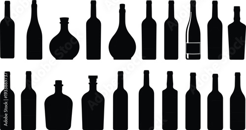 Black Wine and Liquor Bottle Silhouette Collection Isolated Vector Set with Various Glass Shapes