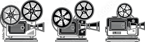 Vintage Film Projector Set Black and White Line Art Vector Illustration