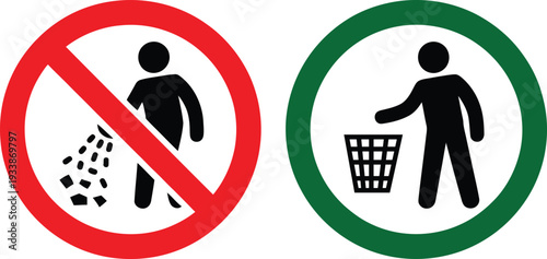 Littering prohibition and proper waste disposal signs indicating correct and incorrect practices for throwing trash