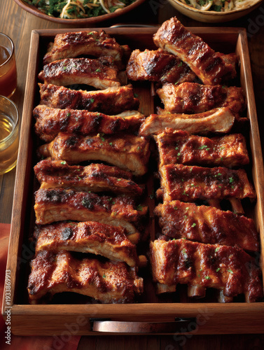 illustration showing BBQ pork ribs arranged neatly on a wooden table, designed to represent a popular party and happy hour dish. The ribs appear slow-cooked with caramelized sauce, enhanced 