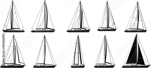 Sailboat Silhouette Collection with Various Sailing Yachts Isolated Black Vector Illustration Set