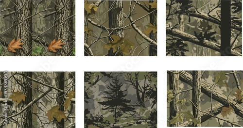Seamless Woodland Camouflage Pattern with Autumn Leaves, Tree Bark Texture and Forest Branches Background for Outdoor Hunting Fabric Design