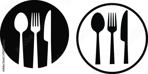 Restaurant logo icon featuring spoon, fork, and knife on a plate in two different design variations for culinary businesses and dining establishments.