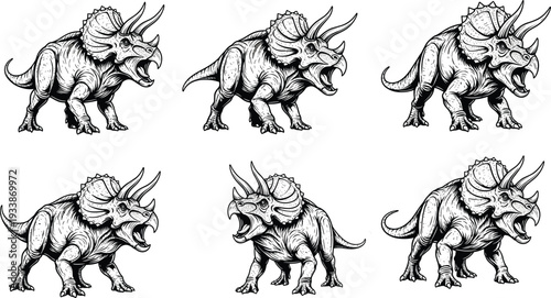 Triceratops Dinosaur Illustration Set in Detailed Black and White Engraving Style Vintage Vector Collection