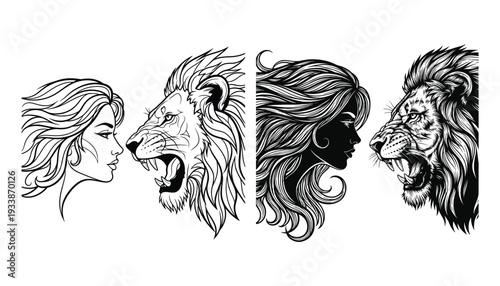 Lioness and female profile silhouette fusion