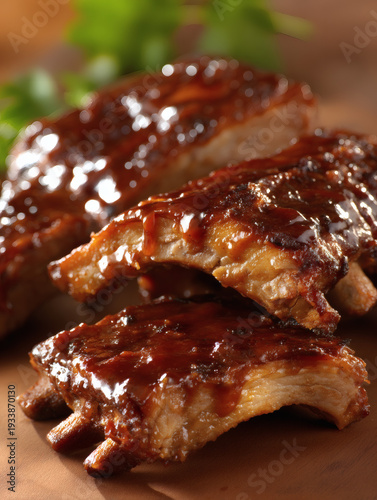illustration of BBQ pork ribs served as a hearty party dish, focusing on juicy meat, slow-grilled appearance, and rich sauce layers. The scene conveys enjoyment and social dining during happy 