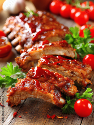 illustration of BBQ pork ribs served as a hearty party dish, focusing on juicy meat, slow-grilled appearance, and rich sauce layers. The scene conveys enjoyment and social dining during happy 