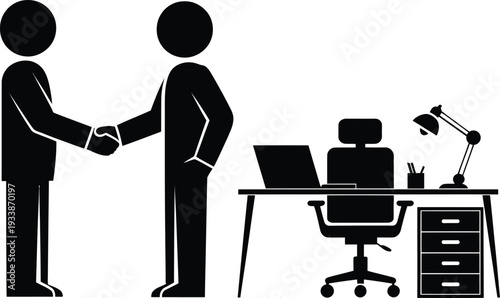 Two business professionals shaking hands in a modern office setting with workspace and computer equipment nearby symbolizing a successful meeting or partnership.