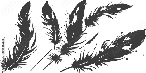 A seamless vintage pattern featuring a detailed bird feather vector illustration and quill pen sketch as a decorative nature element on a white background