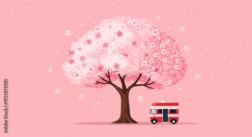 Cherry Blossom Tree and Red Bus on Pink Background