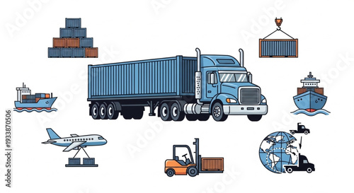 Global Logistics Transportation Network with Truck Ship Plane and Crane.