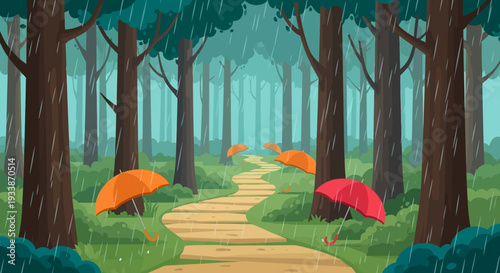 Rainy Forest Path with Umbrellas