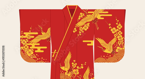 Red Kimono with Golden Cranes and Flowers