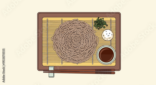Soba Noodles with Dipping Sauce and Chopsticks - Top View