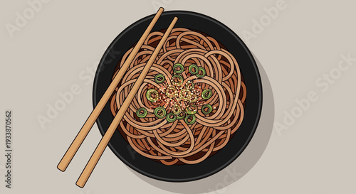 Top view of delicious noodles with chopsticks in a bowl