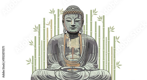 Serene Buddha Statue with Bamboo Forest Background