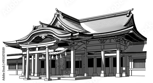 Traditional Japanese Shrine Architecture with Torii Gates