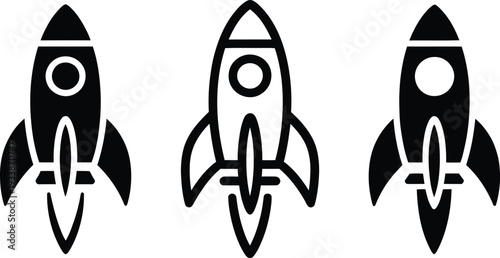 Simple black and white illustration of three rocket ships symbolizing business growth and startup success in a modern and innovative context.
