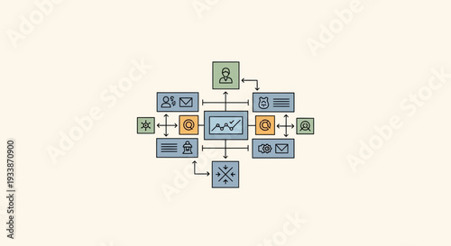 A flowchart diagram illustrating a complex system or process with various interconnected boxes and symbols, representing a network or workflow, viewed from directly above.