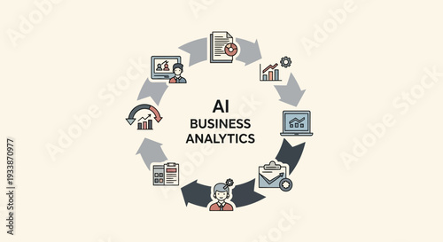 Circular infographic illustrating AI business analytics process with various icons and graphics in a clockwise direction viewed from above
