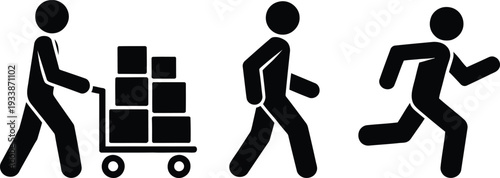 Warehouse workers efficiently transporting goods in a fast paced environment with a cart and boxes illustrating logistics and supply chain management operations in action.