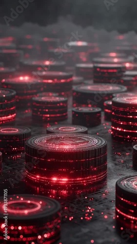 Glowing red digital coins in darkness.