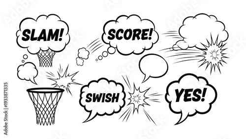 Basketball Comic Art: Dynamic basketball comic art, capturing the thrilling moments of a basketball game, with words of the game displayed.