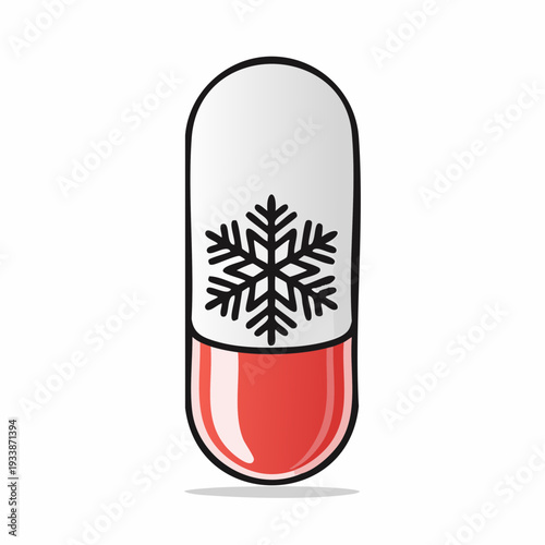 Illustration of a white and red capsule with a black snowflake design on a plain white background.
