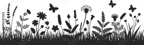 Black silhouette border of wild meadow grass wildflowers dandelions butterflies flying blooming plants nature spring summer landscape isolated vector illustration