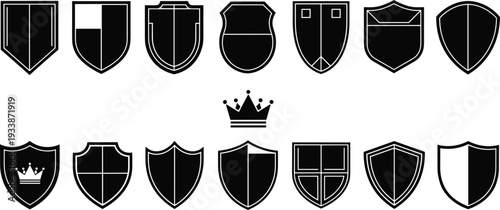 Collection of shield emblems and a crown icon on a white background Keywords: shield, emblem, crest, icon, heraldry, badge, coat