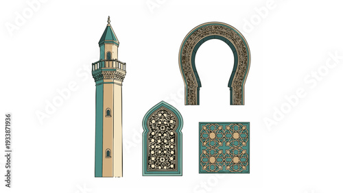 Ramadhan Decorations Islamic Architecture Elements - Minaret, Arch, Window Grill, and Tile