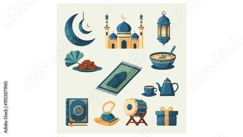 Collection of Ramadhan symbols and items, depicting Islamic culture with mosques, lanterns, prayer mats, dates, food, and gifts for the holy month celebration