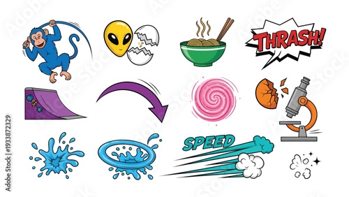 Comic-style elements set: Dynamic collection of comic-style elements with a diverse set of cartoon characters and objects for creativity 