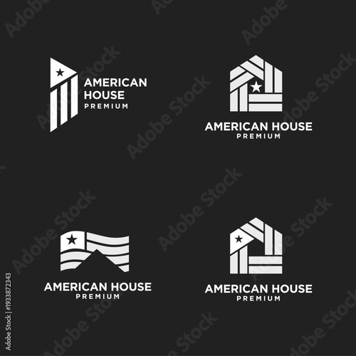 Four distinct American House logo designs incorporating patriotic flag elements, stars, and stripes, suitable for real estate, construction, and home branding.