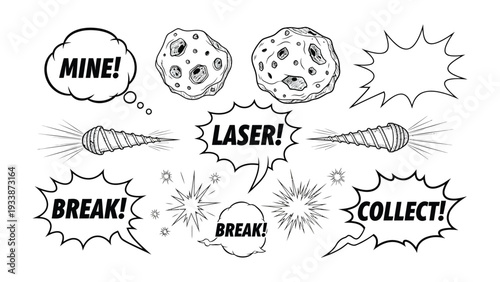 Space Comic Elements: Dynamic illustrations of asteroids, laser beams, and speech bubbles with bold exclamations, perfect for comic creation. 