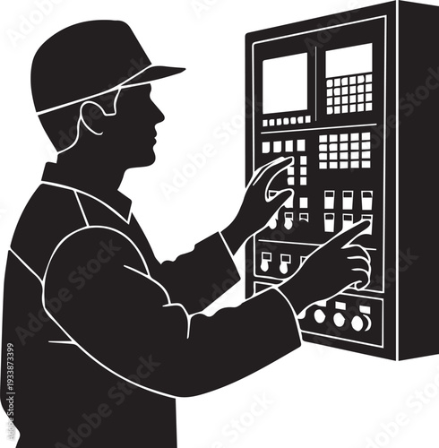 Engineer silhouette vector illustration working on control panel line art