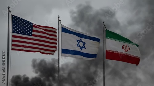 National Flags of USA Israel and Iran Waving Amidst War Smoke