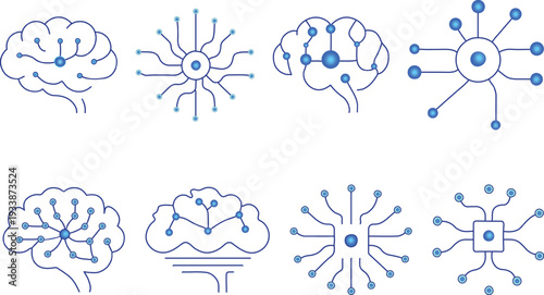 Artificial Intelligence Brain and Neural Network Line Icon Set