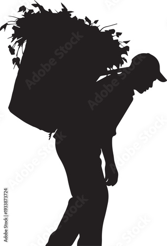 Man carrying large basket of leaves on his back vector silhouette illustration