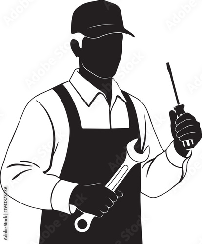 Repairman holding screwdriver and wrench vector silhouette illustration wearing line art