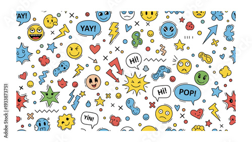 Emoji and Expression Pattern: A vibrant and lively illustration, overflowing with an array of expressive emoticons, speech bubbles, and symbolic graphics, perfect for conveying moods and messages.